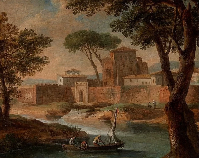Paesaggio con villaggio cinto di mura